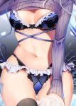  1girl blue_bra blue_hair blue_panties bra breasts breasts_apart groin head_out_of_frame lace-trimmed_bra lace-trimmed_panties lace_trim medium_breasts navel original panties purple_sweater self_exposure skindentation solo sweater thigh_gap thighhighs thighs underwear yoshida_iyo 