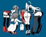  4girls ass atago_(kantai_collection) bent_over beret black_legwear blue_background boots bottomless callan_(callancoe) dated from_behind gloves hat headgear kantai_collection kneehighs long_hair long_sleeves maya_(kantai_collection) military military_uniform multiple_girls panties panty_pull pantyhose pantyhose_pull remodel_(kantai_collection) rudder_footwear ryuujou_(kantai_collection) sailor_collar short_hair simple_background skirt sleeveless squatting standing taihou_(kantai_collection) thighhighs twintails underwear uniform visor_cap 