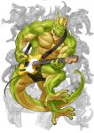  4_toes abs anisodactyl anthro black_bottomwear black_clothing bottomwear clothing countershade_feet countershade_torso countershading dragon electric_guitar feet green_body guitar hi_res male muscular muscular_anthro muscular_arms muscular_male musical_instrument open_mouth plucked_string_instrument scalie sharp_teeth solo string_instrument teeth toes veiny_muscles western_dragon ymskk 