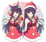  2girls :d :o animal_ear_fluff animal_ears bangs bare_shoulders black_hair blue_eyes blunt_bangs blush bow breasts character_request commentary_request dress eyebrows_visible_through_hair fur-trimmed_dress fur-trimmed_headwear fur-trimmed_mittens fur_trim gift green_bow hair_bow hand_up hands_up hat holding holding_gift holding_sack kasumi_(princess_connect!) long_hair mauve merry_christmas mittens multiple_girls nose_blush open_mouth parted_lips princess_connect! princess_connect!_re:dive purple_eyes red_dress red_headwear red_mittens sack santa_costume santa_hat small_breasts smile sparkle strapless strapless_dress twitter_username upper_teeth very_long_hair 