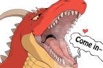  &lt;3 2020 3:2 ambiguous_gender anthro bodily_fluids dragon english_text gaping_mouth horn mouth_shot open_mouth orange_sclera pink_tongue red_body saliva saliva_string scalie scar sharp_teeth simple_background solo speech_bubble tan_(artist) teeth text tongue western_dragon white_background 