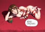  1girl arm_support azasuke black_lagoon bound box breasts brown_eyes brown_hair condom english_text fingerless_gloves gift gift_box gloves highres looking_at_viewer lying medium_breasts merry_christmas nipples nude on_side red_ribbon revy_(black_lagoon) ribbon ribbon_bondage smirk solo 