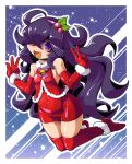  1girl ahoge bangs bell border breasts commentary_request covered_navel double_w elbow_gloves full_body gloves hair_over_one_eye hairband hex_maniac_(pokemon) highres long_hair looking_at_viewer mistletoe open_mouth outline pokemon pokemon_(game) pokemon_xy purple_eyes purple_hair purple_hairband purple_ribbon red_gloves red_legwear ribbon shiny shiny_skin solo sparkle spiral_eyes takura_mahiro thighhighs tongue w white_border 