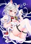  1girl absurdres ahoge animal_ears azur_lane bell bell_collar black_collar blue_background bow breasts classic_(zildjian33) collar commentary_request fang gloves highres long_hair looking_at_viewer medium_breasts panties pantyshot paws red_eyes silver_hair skin_fang smile solo underboob underwear white_background white_bow white_gloves white_legwear white_panties yuudachi_(azur_lane) yuudachi_(woofy_floofy_christmas_night)_(azur_lane) 