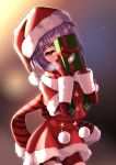  1girl absurdres bernadetta_von_varley bike_shorts blush breath christmas commentary_request covering_face eyebrows_visible_through_hair fire_emblem fire_emblem:_three_houses gift grey_eyes gupunetsu hat highres pom_pom_(clothes) purple_hair santa_costume santa_dress santa_hat scarf short_hair solo twitter_username 