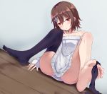  1girl :o ass barefoot between_toes black_legwear blush brown_hair collarbone dutch_angle eyebrows_visible_through_hair feet flat_chest foot_focus hair_between_eyes hair_ornament head_tilt highres iberiko_(soinesitai) jitome knees_up off-shoulder_sweater off_shoulder original red_eyes short_hair single_thighhigh sitting soles solo star_(symbol) star_hair_ornament sweater thighhigh_removed thighhighs toes wall white_sweater wooden_floor 