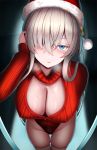  1girl anastasia_(fate) bangs blue_eyes blush breasts christmas cleavage cleavage_cutout clothing_cutout fate/grand_order fate_(series) fur-trimmed_headwear hair_over_one_eye hat large_breasts long_hair long_sleeves looking_at_viewer parted_lips red_headwear red_sweater santa_hat silver_hair sweater thighs zukky 