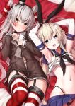  2girls amatsukaze_(kantai_collection) black_dress black_neckwear black_panties blonde_hair blue_sailor_collar blue_skirt blush brown_eyes closed_mouth collarbone commentary_request crop_top dress elbow_gloves eyebrows_visible_through_hair gloves grey_eyes hair_between_eyes hair_tubes highleg highleg_panties kantai_collection long_hair long_sleeves miniskirt multiple_girls navel neckerchief open_mouth panties pleated_skirt red_legwear sailor_collar sailor_dress shimakaze_(kantai_collection) silver_hair skirt sleeveless takanashi_kei_(hitsujikan) thighhighs two_side_up underwear white_gloves white_sailor_collar windsock 