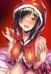  1girl :d bare_shoulders black_hair breasts christmas commentary_request eyebrows_visible_through_hair eyes_visible_through_hair fur-trimmed_hood fur_trim h_kasei hair_over_one_eye hood hood_up lingerie looking_at_viewer medium_breasts open_mouth orange_eyes original red_ribbon ribbon santa_costume smile solo underwear 