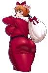 1girl :p animal_ears ass belt bow breasts brown_eyes brown_hair commentary hair_bow highres huge_breasts looking_at_viewer looking_back pig_ears pig_tail red_bow sack santa_costume short_hair solo synecdoche tail thick_thighs thighs tongue tongue_out 