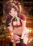  1girl :d antlers bikini black_gloves blurry bokeh bow breasts brown_hair capelet christmas christmas_tree cowboy_shot depth_of_field fang front-tie_bikini front-tie_top fur_trim gloves hair_bow hairband hand_up highres karu_(qqqtyann) long_hair looking_at_viewer medium_breasts navel open_mouth orange_eyes original red_bikini red_legwear reindeer_antlers santa_bikini side-tie_bikini smile solo standing stomach swimsuit thighhighs thighs twintails 