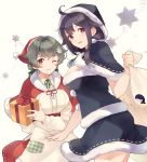  2girls :d ahoge black_capelet black_hair blush box capelet closed_mouth gift gift_box hair_between_eyes hair_flaps hair_ornament hat holding holding_gift jingei_(kantai_collection) kantai_collection long_hair low_twintails multiple_girls one_eye_closed open_mouth pom_pom_(clothes) purple_hair red_eyes sack santa_costume santa_hat shakemi_(sake_mgmgmg) smile taigei_(kantai_collection) twintails 