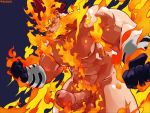  1boy bara beard between_pecs biceps blue_eyes blue_gloves boku_no_hero_academia bracer cowboy_shot dizdoodz erection facial_hair fiery_hair fire frown gloves highres large_penis looking_to_the_side male_focus male_pubic_hair muscular muscular_male navel nipples nude pectorals penis pubic_hair red_hair short_hair simple_background solo spiked_hair thick_thighs thighs todoroki_enji uncensored veins veiny_penis 