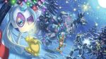  blue_eyes christmas christmas_lights eyelashes froslass gen_2_pokemon gen_4_pokemon gen_5_pokemon gen_7_pokemon holding holding_pokemon joltik light_bulb looking_down luxray mixed-language_commentary moon night no_humans outdoors pokemon pokemon_(creature) red_eyes scrafty scraggy sky snow spareribs standing star_(symbol) steelix tree ultra_beast wire xurkitree yellow_sclera 