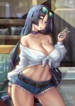  1girl aviator_sunglasses bangs bare_shoulders belt blue_eyes blue_shorts breasts cellphone choker cleavage collarbone contemporary cutoffs denim denim_shorts eyewear_on_head fate/grand_order fate_(series) highres jewelry large_breasts long_hair long_sleeves looking_at_viewer midriff minamoto_no_raikou_(fate/grand_order) navel necklace off_shoulder open_mouth parted_bangs pendant phone purple_hair qblade shirt short_shorts shorts sunglasses thighs tied_shirt very_long_hair white_shirt 