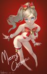  1girl absurdres bell blonde_hair blue_eyes bottomless breasts christmas cleavage hair_ribbon highres long_hair looking_at_viewer lxkate pasties persona persona_5 red_background red_ribbon ribbon solo standing takamaki_anne thigh_strap twintails wrist_cuffs 