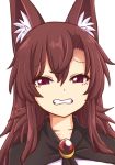  1girl animal_ear_fluff animal_ears bangs black_capelet brooch brown_hair capelet clenched_teeth dress eyebrows_visible_through_hair frown grimace hair_between_eyes half-closed_eyes imaizumi_kagerou jewelry long_hair looking_at_viewer portrait red_eyes sidelocks simple_background solo teeth touhou tsurime white_background white_dress wolf_ears wool_(miwol) 