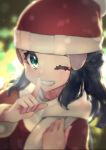  1girl black_hair blurry christmas clenched_teeth commentary_request dawn_(pokemon) eyelashes green_eyes hair_ornament hairclip hat highres index_finger_raised long_hair long_sleeves looking_at_viewer one_eye_closed pokemon pokemon_(game) pokemon_dppt red_headwear rindoriko santa_hat scarf sidelocks smile solo teeth white_scarf 