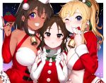  3girls bare_shoulders bell bell_collar between_breasts blonde_hair blue_eyes blush border bow box breasts brown_eyes brown_hair christmas cleavage collar commentary_request dark_skin dress gift gift_box girl_sandwich gloves green_bow green_nails grin hair_bow hand_up hands_up hat holding holding_gift idolmaster idolmaster_cinderella_girls jacket large_breasts long_hair looking_at_viewer multiple_girls natalia_(idolmaster) one_eye_closed ootsuki_yui open_clothes open_jacket pettan_p ponytail purple_eyes red_dress red_jacket sandwiched santa_costume santa_hat shiny shiny_hair smile tachibana_arisu white_border white_gloves 