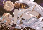  1boy 1girl aether_(genshin_impact) ahoge bangs bare_shoulders blonde_hair blush breasts dress faster_crisis flower genshin_impact hair_flower hair_ornament implied_sex incest lumine_(genshin_impact) medium_breasts white_dress white_legwear yellow_eyes 