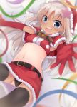  1girl alternate_costume ass_visible_through_thighs belt black_legwear black_panties blonde_hair blue_eyes blurry blurry_foreground blush breasts capelet christmas commentary_request crop_top depth_of_field elbow_gloves flower fur_trim gift gloves hair_flower hair_ornament hat highres kantai_collection long_hair looking_at_viewer midriff navel one-piece_tan open_mouth outstretched_arm outstretched_arms outstretched_hand panties red_gloves ro-500_(kantai_collection) sack santa_costume santa_hat skirt smile solar_milk solo tan tanline thighhighs underwear 
