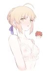  1boy 1girl :o ahoge artoria_pendragon_(all) bare_shoulders blonde_hair blue_ribbon blush bra breasts brown_hair commentary_request embarrassed emiya_shirou eyebrows_visible_through_hair fate/stay_night fate_(series) green_eyes hair_ornament hair_ribbon highres long_hair looking_at_viewer nipples open_mouth ribbon saber see-through sidelocks simple_background small_breasts solo_focus suzuakks underwear upper_body white_background white_bra 