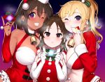  3girls bare_shoulders bell bell_collar between_breasts blonde_hair blue_eyes blush bow box breasts breath brown_eyes brown_hair christmas cleavage collar commentary_request dark_skin dress gift gift_box girl_sandwich gloves green_bow green_nails grin hair_bow hand_up hands_up hat holding holding_gift idolmaster idolmaster_cinderella_girls jacket large_breasts long_hair looking_at_viewer multiple_girls natalia_(idolmaster) one_eye_closed ootsuki_yui open_clothes open_jacket pettan_p ponytail purple_eyes red_dress red_jacket sandwiched santa_costume santa_hat shiny shiny_hair smile tachibana_arisu white_gloves 