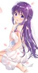  1girl :d amedamacon bangs bare_arms bare_shoulders barefoot blush braid breasts commentary_request dress eyebrows_visible_through_hair gochuumon_wa_usagi_desu_ka? hair_between_eyes hand_up highres looking_at_viewer looking_back medium_breasts open_mouth petals purple_eyes purple_hair simple_background sitting smile soles solo tedeza_rize wariza white_background white_dress 