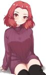  1girl alternate_costume arm_support black_legwear blush breasts commentary girls_und_panzer highres looking_at_viewer medium_breasts purple_sweater red_eyes red_hair rosehip_(girls_und_panzer) short_hair sleeves_past_wrists smile solo sweater thighhighs thighs turtleneck turtleneck_sweater white_background zono_(inokura_syuzo029) 