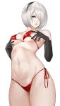  1girl bangs bare_shoulders bikini black_gloves black_hairband blue_eyes breasts collarbone commentary_request elbow_gloves gloves hair_over_one_eye hairband highres lips looking_at_viewer medium_breasts mole mole_under_mouth navel nier_(series) nier_automata nyatokanyaru parted_lips red_bikini shiny shiny_hair short_hair side-tie_bikini simple_background solo stomach swimsuit thighs white_background white_hair yorha_no._2_type_b 