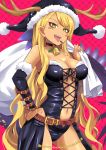  1girl bangs bare_shoulders blonde_hair blush breasts center_opening cleavage dark_skin dark_skinned_female dragon_girl dragon_horns dragon_tail facial_mark fate/grand_order fate_(series) fur_trim hat highres horns large_breasts long_hair looking_at_viewer navel open_mouth sack santa_hat sharp_teeth smile swept_bangs tail teeth thighs tongue tongue_out vritra_(fate) xiafuizui yellow_eyes 