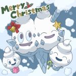  30re bell box candy candy_cane closed_eyes commentary_request food gen_5_pokemon gift gift_box holding holding_gift merry_christmas mouth_drool no_humans open_mouth pokemon pokemon_(creature) red_ribbon ribbon smile snowflakes tongue vanillite vanilluxe 