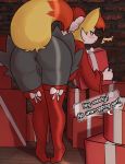  angry anthro anus blush bottomless braixen butt christmas christmas_clothing christmas_headwear clothed clothing dialogue dunewulff english_text female genitals gift hat headgear headwear hi_res holidays legwear nintendo pok&eacute;mon pok&eacute;mon_(species) pussy santa_hat solo stockings text video_games 