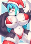  2020 anthro big_breasts blue_eyes blush breasts camel_toe canid canine canis christmas clothing curvy_figure domestic_dog female hanul hi_res holidays huge_breasts legwear mammal nipple_outline one_eye_closed open_mouth solo tailzkim thick_thighs underwear voluptuous wide_hips wink 