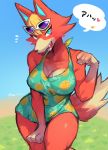  2020 4_fingers animal_crossing anthro audie_(animal_crossing) big_breasts blonde_hair blue_eyes breasts canid canine canis cleavage clothed clothing digital_media_(artwork) eyewear female fingers fur hair hi_res looking_at_viewer mammal nintendo open_mouth outside sharp_teeth simple_background skimpy smile solo standing sunglasses suurin teeth video_games wolf 