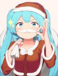  1girl abmayo absurdres bangs blue_eyes blush christmas collarbone commentary_request eyebrows_visible_through_hair fake_facial_hair fake_mustache fur-trimmed_headwear fur_trim hat hatsune_miku highres holding long_hair long_sleeves looking_at_viewer santa_costume santa_hat simple_background smile solo twintails upper_body 