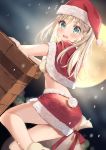  1girl absurdres bandeau blonde_hair blue_eyes breasts bunny_tail capelet christmas dutch_angle full_moon fur_trim hat highres long_hair looking_at_viewer looking_to_the_side medium_breasts midriff miniskirt moon night original red_headwear red_skirt santa_costume santa_hat skirt snowing solo tail thighs v-shaped_eyebrows yushima 