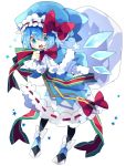  1girl adapted_costume bangs black_legwear blue_capelet blue_dress blue_eyes blue_hair blue_headwear bow bowtie capelet cirno commentary detached_wings dress full_body fur_trim hand_on_hip hat hat_bow highres holding holding_sack ice ice_wings leaning_forward long_sleeves nikorashi-ka open_mouth pantyhose red_bow red_neckwear sack santa_hat shoe_bow shoes short_hair solo star_(symbol) symbol_commentary touhou upper_teeth white_background white_bow wings 