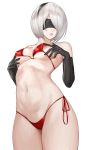  1girl bangs bare_shoulders bikini black_gloves black_hairband blindfold breasts collarbone commentary_request elbow_gloves gloves hairband highres lips medium_breasts mole mole_under_mouth navel nier_(series) nier_automata nyatokanyaru parted_lips red_bikini shiny shiny_hair short_hair side-tie_bikini simple_background solo stomach swimsuit thighs white_background white_hair yorha_no._2_type_b 