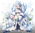  1girl apple_caramel bangs blush brooch company_name crossed_legs crystal flower full_body gloves gradient gradient_background ice jewelry lily_(flower) long_hair official_art silver_hair simple_background sitting smile snowflakes thighhighs throne tiara white_gloves white_legwear 