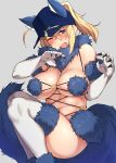  1girl animal_ears artoria_pendragon_(all) baseball_cap blonde_hair blue_eyes blue_headwear blush breasts dangerous_beast fang fate/grand_order fate_(series) fur_trim grey_background hat highres kuronyan large_breasts looking_at_viewer medium_hair mysterious_heroine_xx_(foreigner) open_mouth ponytail sidelocks simple_background solo tail white_legwear wolf_ears wolf_paws wolf_tail 