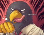  accipitrid accipitriform anthro avian beak bird black_body black_feathers blush bodily_fluids clothing eagle feathers hand_lick korean_text male saliva saliva_string solo tan_(artist) tan_(character) text tongue tongue_out topwear white_clothing white_topwear yellow_beak yellow_hand 
