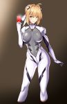  1girl ahoge blonde_hair bodysuit braid braided_bun breasts camera_phone cellphone covered_nipples fate/extra fate_(series) green_eyes hair_between_eyes hair_bun hair_ornament highres holding holding_phone large_breasts matrix16 neon_genesis_evangelion nero_claudius_(fate) nero_claudius_(fate)_(all) phone plugsuit self_shot skin_tight smartphone smile solo white_bodysuit 