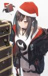 &gt;:) 1girl arknights black_hair black_jacket blurry blush bobblehat closed_mouth closure_(arknights) collar creature depth_of_field ear_piercing fur-trimmed_headwear hat headhunting_permit_(arknights) highres jacket jfjf long_hair long_sleeves looking_at_viewer no_pants open_clothes open_jacket piercing pouch red_eyes red_headwear santa_hat shirt simple_background smug solo sparkle suitcase thigh_strap white_background white_shirt 