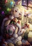  1girl absurdres animal_ear_fluff animal_ears blonde_hair blush brown_eyes candle capelet christmas christmas_tree closed_mouth commentary_request eyebrows_visible_through_hair feet_out_of_frame fennec_(kemono_friends) fox_ears fur_trim gift hair_between_eyes hand_in_hair head_tilt highres huge_filesize kemono_friends light_smile looking_at_viewer mirage48291584 red_capelet short_hair sitting snow_globe snowflakes solo window wreath 