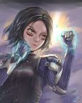  1girl alita alita:_battle_angel battle_angel_alita black_hair breasts brown_eyes commentary facial_mark highres parted_hair serious short_hair signature small_breasts solo tenpa_(tenpa2190) upper_body 