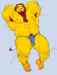  2020 abs animal_crossing anthro armpit_hair balls_outline barazoku big_muscles body_hair bulge chest_hair clothed clothing erection erection_under_clothing eyes_closed eyewear felid freckles genital_outline glasses grey_background hands_behind_back hi_res lion lying male mammal mane mott_(animal_crossing) muscular muscular_anthro muscular_male navel nintendo nipples obliques on_back pantherine pecs penis_outline pubes simple_background solo thick_thighs thong tora_gy underwear video_games yellow_body 