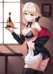  1girl :o absurdres apron artoria_pendragon_(all) ass bangs bikini black_bikini black_bow black_jacket black_legwear blonde_hair bottle bow braid breasts cleavage cup drink dust_particles eyebrows_visible_through_hair fate/grand_order fate_(series) hair_bow highres holding indoors jacket jacket_removed jyn_1024 leg_garter long_hair long_sleeves looking_at_viewer maid maid_headdress medium_breasts neck_garter picture_(object) picture_frame saber_alter sidelocks solo swimsuit table thighhighs thighs tray window yellow_eyes 