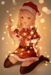  1girl :d bangs black_footwear black_legwear blonde_hair boots bow capelet christmas christmas_lights commentary_request dress eyebrows_visible_through_hair fate/kaleid_liner_prisma_illya fate_(series) full_body fur-trimmed_capelet fur-trimmed_dress fur-trimmed_headwear fur_trim hair_between_eyes hand_up hat highres holding illyasviel_von_einzbern long_hair looking_at_viewer nasii open_mouth red_bow red_capelet red_dress red_eyes red_headwear santa_costume santa_hat sitting smile solo thigh_boots thighhighs wariza 