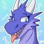  2019 anthro blep blue_body blue_eyes blue_scales female headshot_portrait horn kobold looking_at_viewer loskra nastybuttasty pink_tongue portrait scales sharp_teeth signature solo teeth tongue tongue_out 